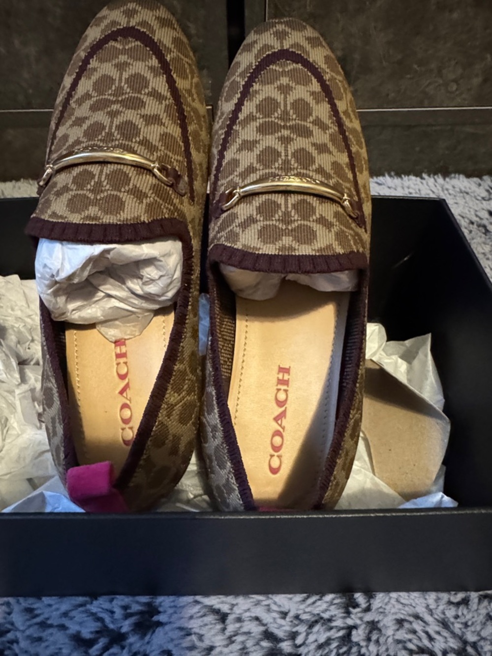 Coach Brown Monogram Canvas Loafers with Gold Bit Only Worn Once